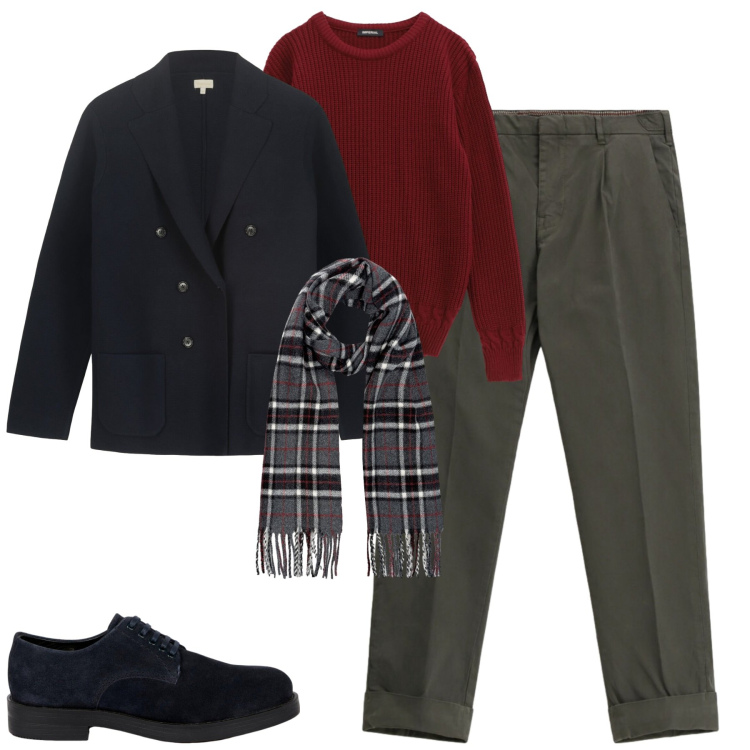 Outfit uomo - City. Stile Urban per Tutti i giorni. Abbinamento con pantaloni chino, maglieria, scarpe stringate, giacche, sciarpe.