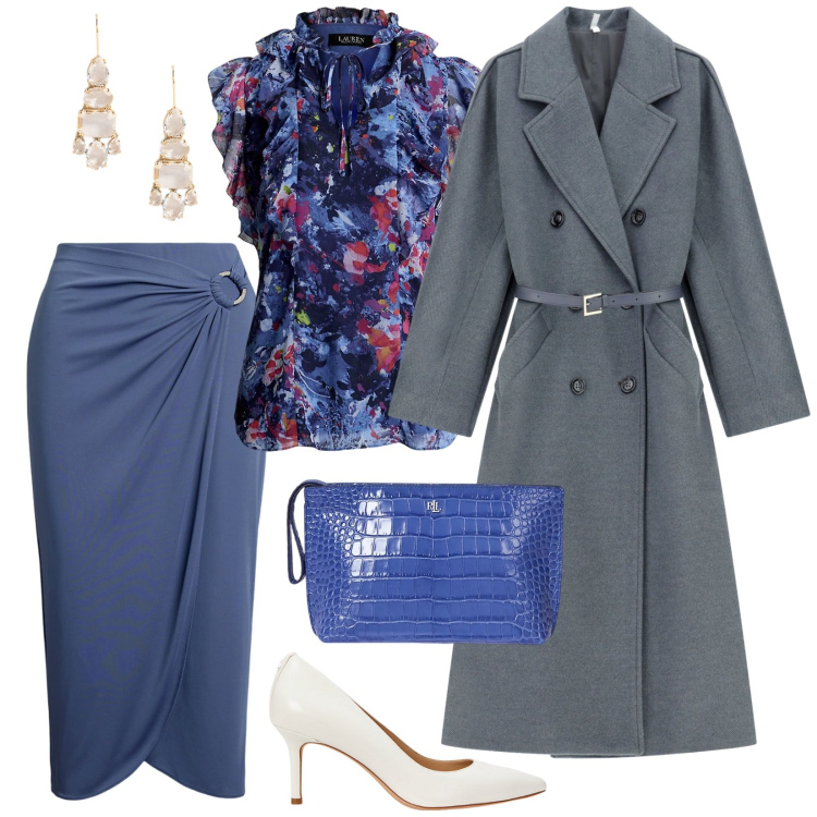 Outfit donna - Un po\' di colore. Stile Chic per Cerimonia. Abbinamento con cappotti, top, gonne, décolleté, orecchini, pochette.