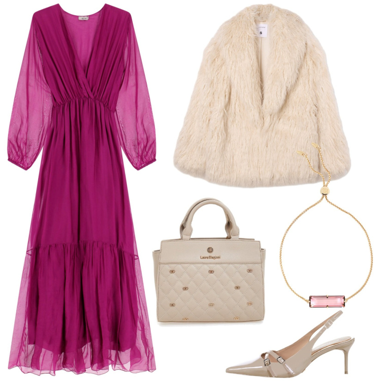 Outfit donna - Cerimonia in fucsia e panna. Stile Chic per Cerimonia. Abbinamento con décolleté, ecopellicce, vestiti lunghi, braccialetti, borse a mano.