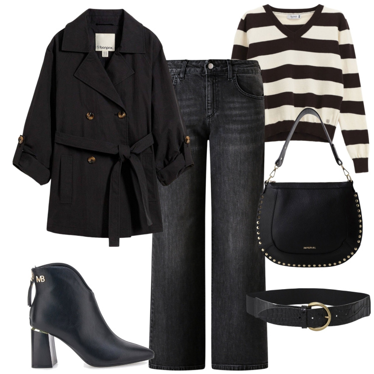 Outfit donna - Novembre. Stile Casual chic per Tutti i giorni. Abbinamento con trench, maglieria, jeans dritti, borse a spalla, cinture, stivaletti.