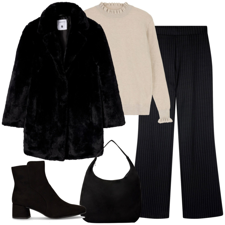 Outfit donna - Gessato e ecopelliccia. Stile Casual chic per Ufficio. Abbinamento con pantaloni, cappotti, borse a mano, maglieria, stivaletti.