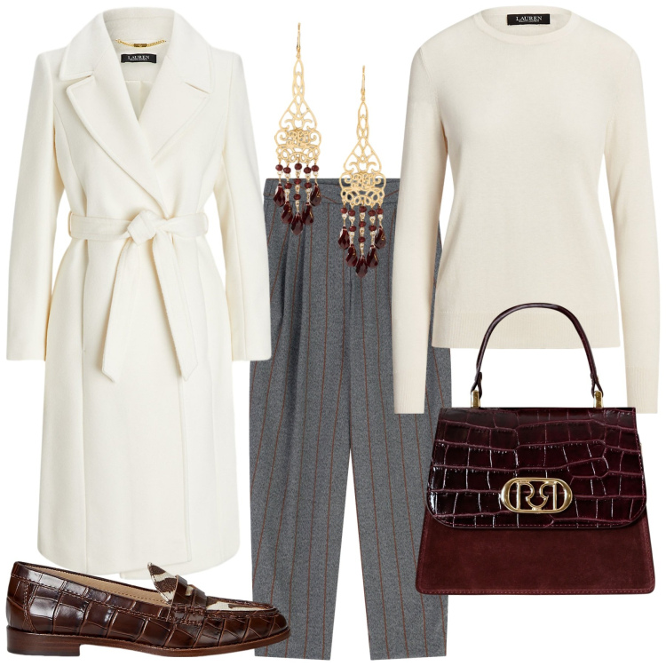 Outfit donna - Superchic. Stile Chic per Serata fuori. Abbinamento con borse a mano, pantaloni, cappotti, orecchini, mocassini, maglieria.