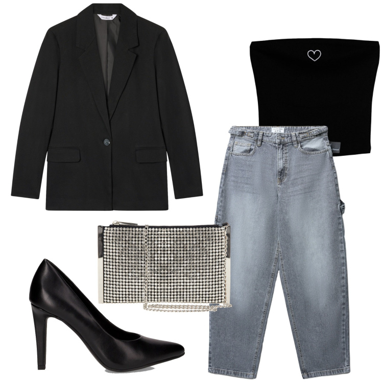 Outfit donna - Total look #2284018. Stile Glamour per Serata fuori. Abbinamento con pochette, top, jeans, blazer, décolleté.