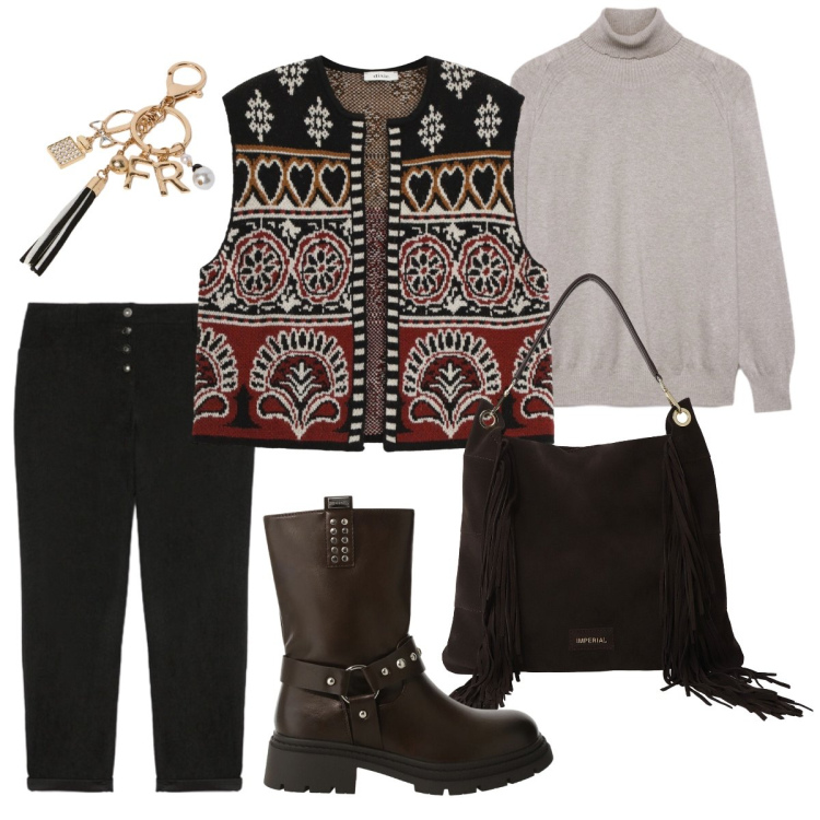 Outfit donna - Il gilet etnico. Stile Etnico per Ufficio. Abbinamento con stivali, borse a spalla, gilet, pantaloni, maglieria, portachiavi.