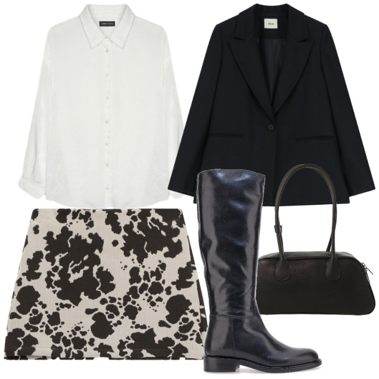 Outfit donna - Minigonna effetto cavallino. Stile Trendy per Serata fuori. Abbinamento con minigonne, blazer, borse a mano, camicie, stivali.