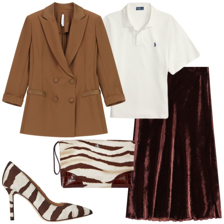 Outfit donna - Scarpe e pochette coordinate. Stile Chic per Serata fuori. Abbinamento con blazer, gonne lunghe, décolleté, polo, pochette.