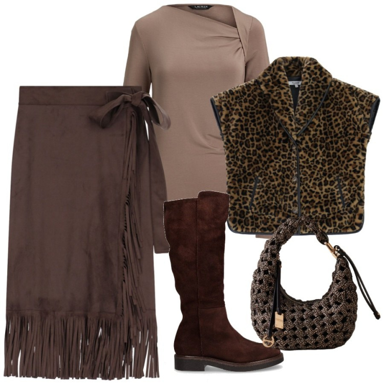 Outfit donna - Piccola squaw. Stile Etnico per Serata fuori. Abbinamento con cappotti, borse a mano, gonne, top, stivali.