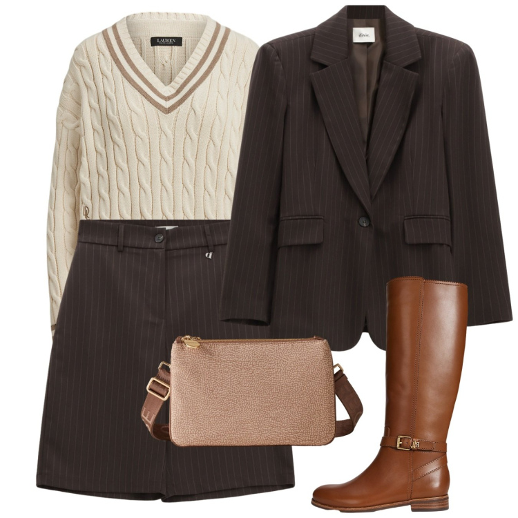 Outfit donna - Lines of Style. Stile Bon Ton per Tutti i giorni. Abbinamento con borse a tracolla, bermuda, blazer, stivali, maglieria.