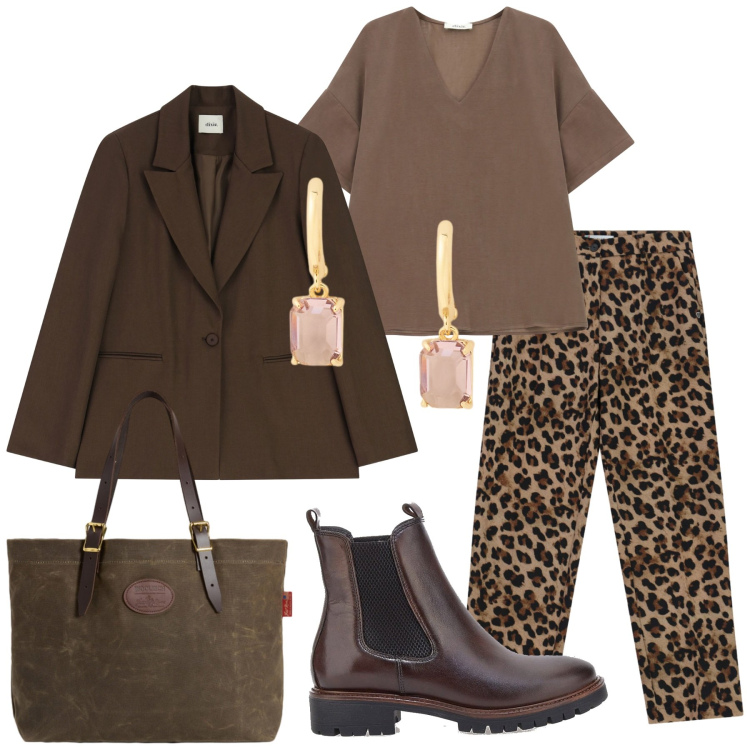 Outfit donna - Animalier. Stile Urban per Ufficio. Abbinamento con pantaloni, camicie a manica corta, blazer, orecchini, borse tote, stivaletti chelsea.