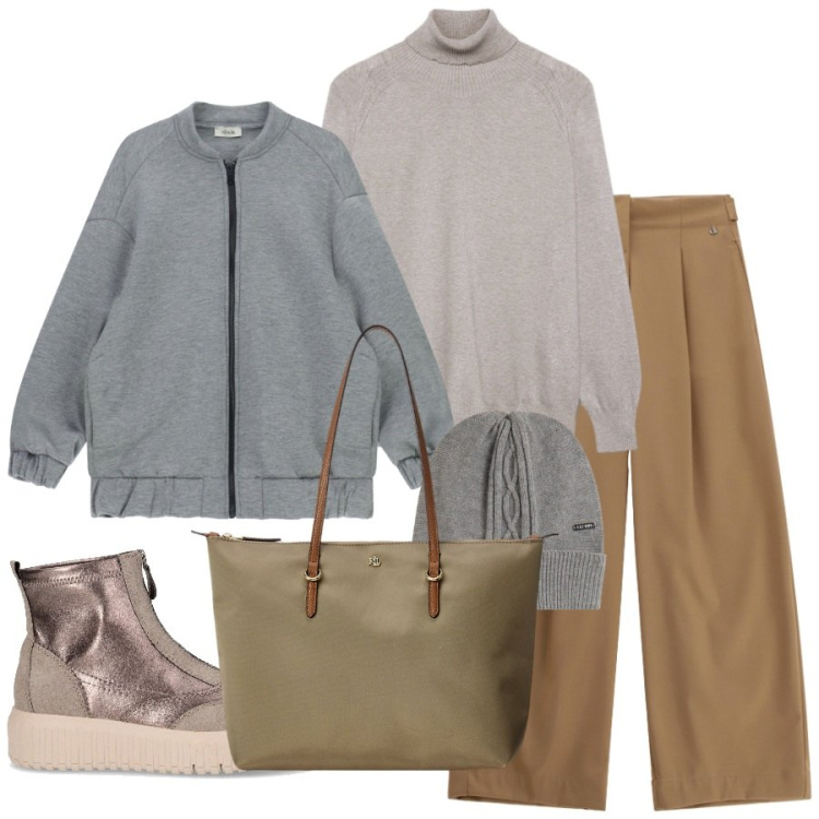 Outfit donna - Novembre. Stile Minimal per Tutti i giorni. Abbinamento con pantaloni a palazzo, bomber, berretti, borse tote, maglieria, stivaletti chelsea.