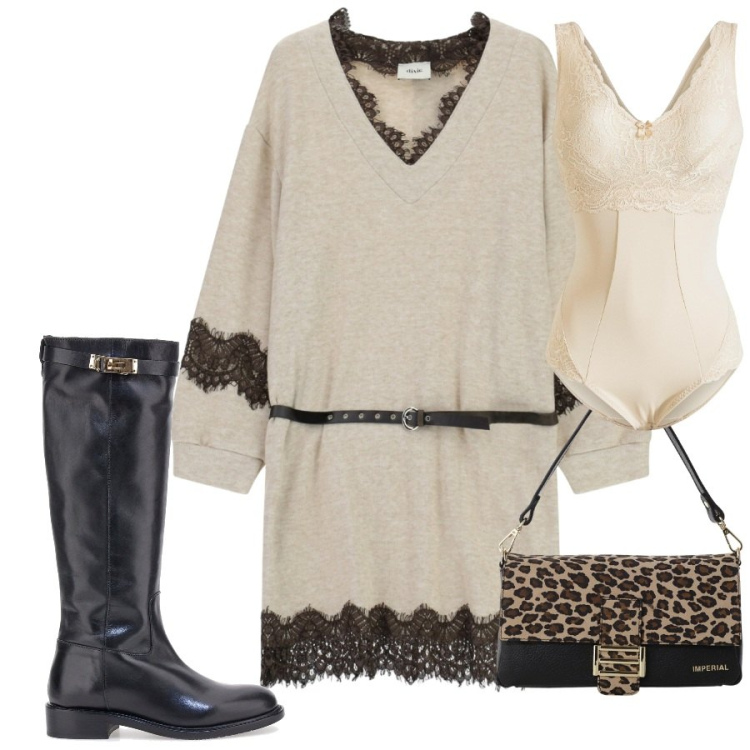 Outfit donna - Lana e pizzo chic. Stile Chic per Cerimonia. Abbinamento con body, borse a spalla, vestiti corti, stivali.