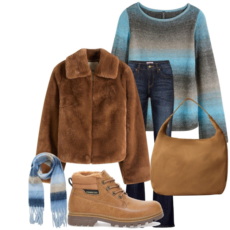 Outfit donna - Sportivo da svago. Stile Casual per Tutti i giorni. Abbinamento con maglieria, ecopellicce, jeans bootcut, sciarpe, borse a mano, anfibi.