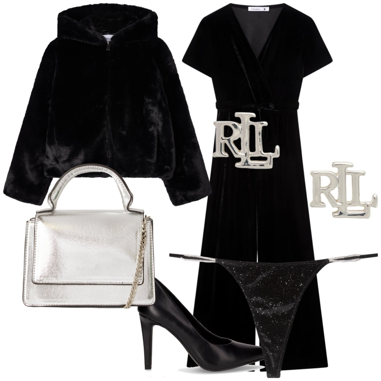 Outfit donna - Davvero chic seppur in tuta. Stile Chic per Serata fuori. Abbinamento con tute, borse a tracolla, perizomi, ecopellicce, orecchini, décolleté.