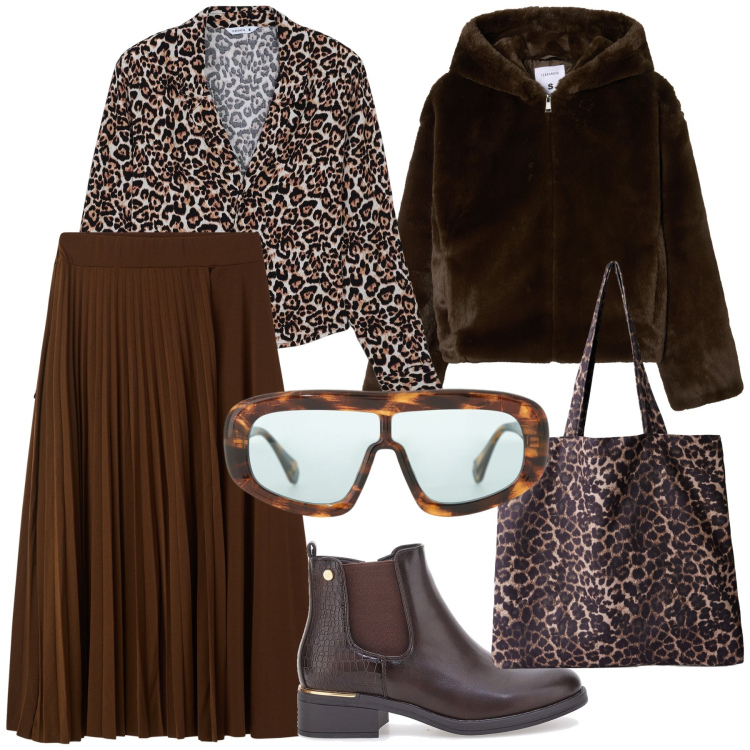 Outfit donna - Maculato per sempre. Stile Trendy per Ufficio. Abbinamento con shopping bag, ecopellicce, gonne lunghe, camicie, occhiali da sole, stivaletti chelsea.