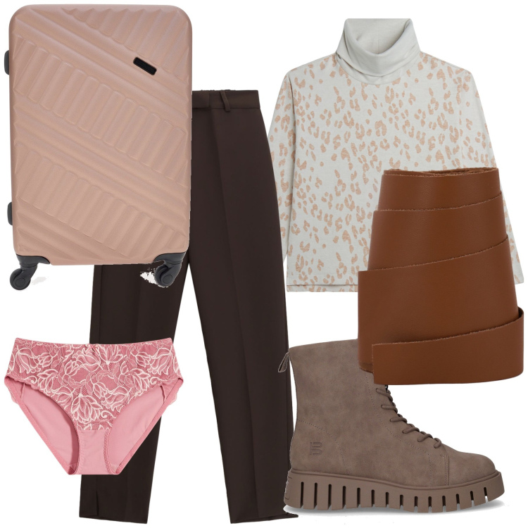 Outfit donna - Partenza mix. Stile Casual chic per Tutti i giorni. Abbinamento con culotte, cinture, pantaloni, felpe, anfibi, valigie.