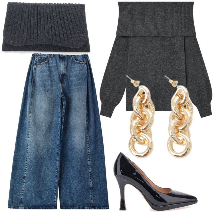 Outfit donna - Pantajeans per l aperitivo. Stile Sporty chic per Serata fuori. Abbinamento con maglieria, jeans, orecchini, clutch, décolleté.