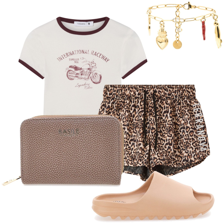 Outfit donna - Good luck at home. Stile Trendy per Tutti i giorni. Abbinamento con shorts, t-shirt, braccialetti, portafogli, ciabatte.