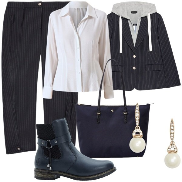 Outfit donna - Pantaloni gessati. Stile Chic per Serata fuori. Abbinamento con stivaletti chelsea, camicie, orecchini, borse tote, pantaloni, blazer.