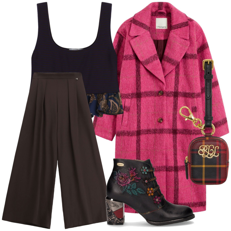 Outfit donna - Serata improvvisata. Stile Urban per Serata fuori. Abbinamento con cappotti, top, pantaloni a palazzo, pochette, stivaletti.