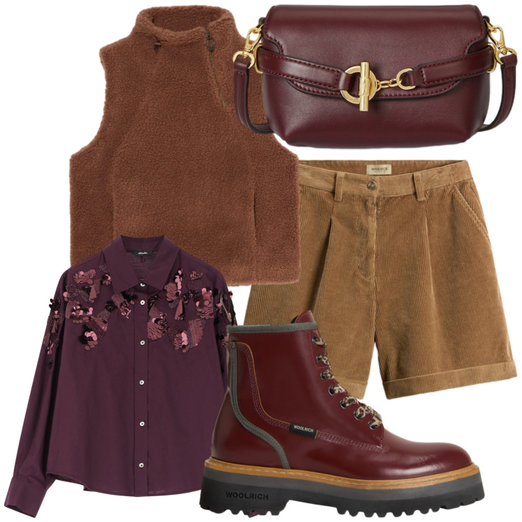 Outfit donna - Caffè. Stile Casual chic per Tutti i giorni. Abbinamento con camicie, borse a tracolla, gilet, pantaloni corti, anfibi.