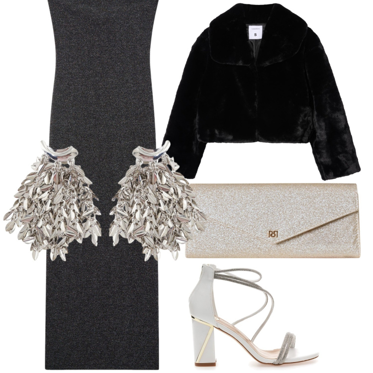 Outfit donna - Ad una prima. Stile Chic per Serata fuori. Abbinamento con vestiti lunghi, ecopellicce, pochette, orecchini, sandali col tacco.