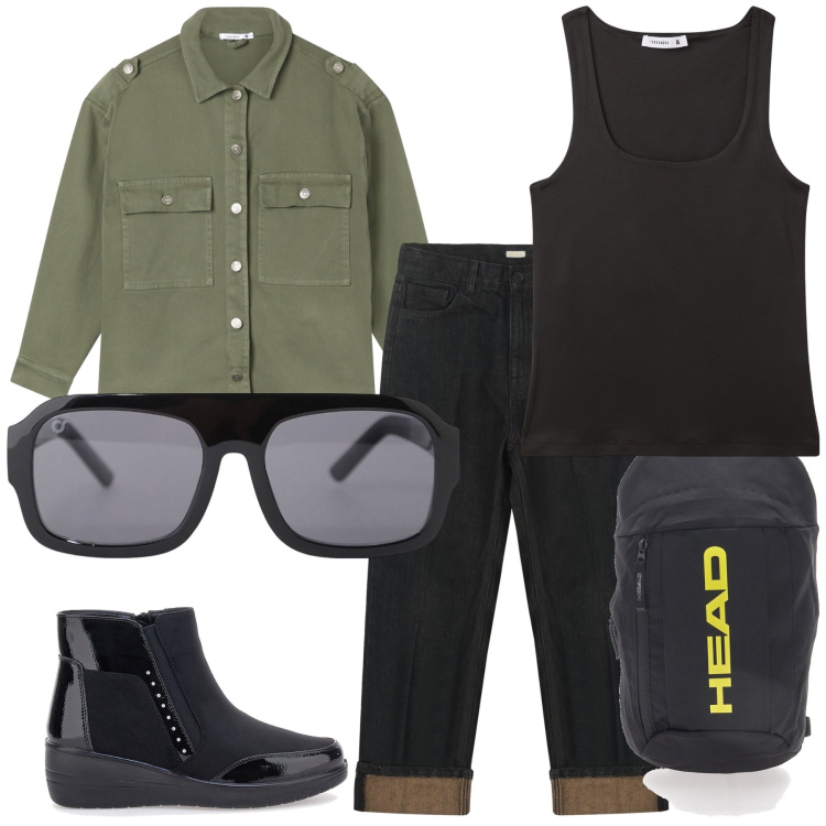 Outfit donna - Total look. Stile Military per Tutti i giorni. Abbinamento con canottiere, cappotti, occhiali da sole, jeans dritti, zaini, stivaletti chelsea.