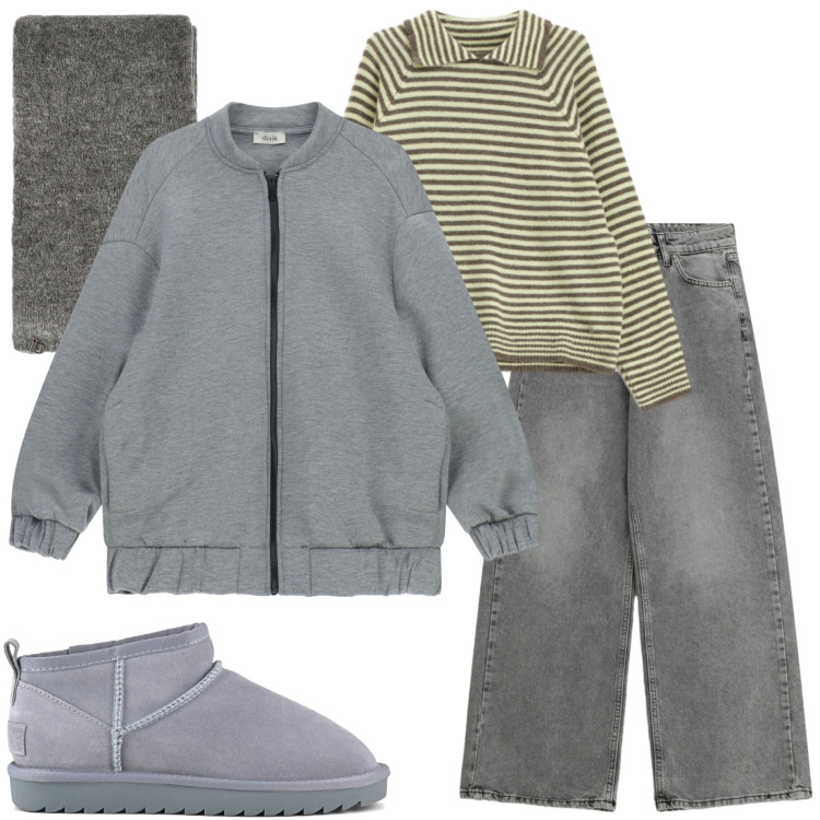 Outfit donna - Casual style. Stile Urban per Tutti i giorni. Abbinamento con jeans, maglieria, bomber, sciarpe, stivali.