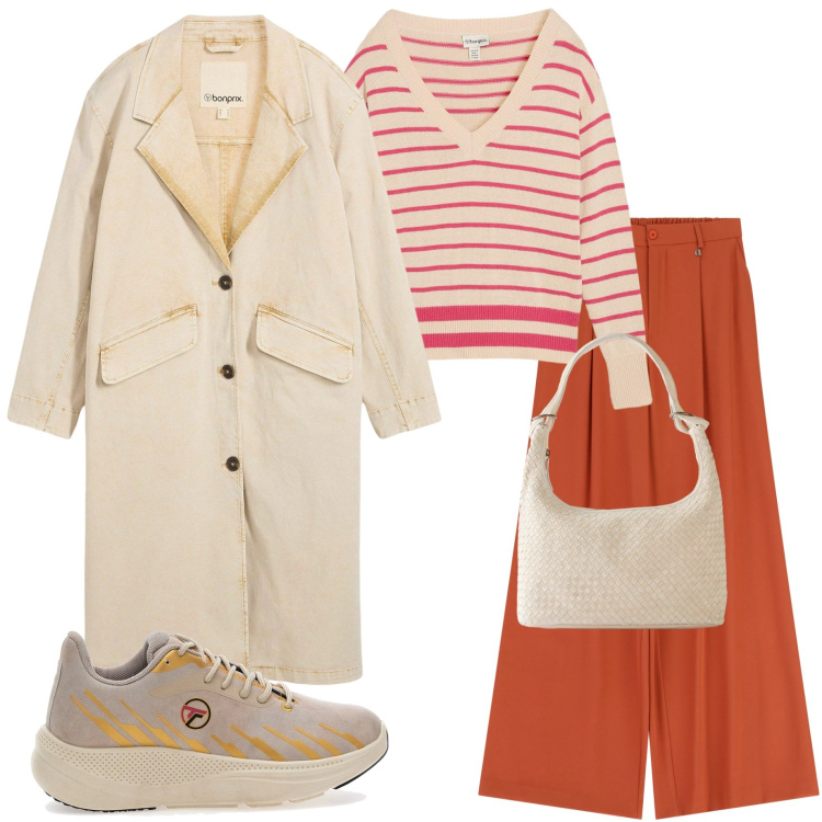 Outfit donna - Novembre. Stile Urban per Tutti i giorni. Abbinamento con shopping bag, trench, maglieria, pantaloni a palazzo, sneakers.