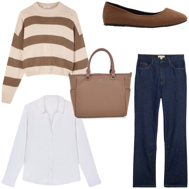 Outfit donna - Elevated casual. Stile Casual per Tutti i giorni. Abbinamento con ballerine, jeans dritti, maglieria, camicie, borse a tracolla.