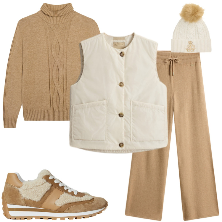 Outfit donna - Giornata autunnale. Stile Sporty chic per Tutti i giorni. Abbinamento con maglieria, sneakers, berretti, gilet, pantaloni.
