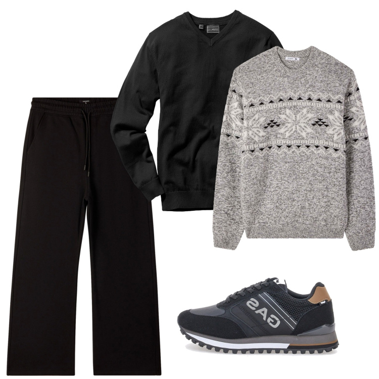 Outfit uomo - Nero. Stile Casual per Tutti i giorni. Abbinamento con maglieria, pantaloni, maglieria, sneakers.