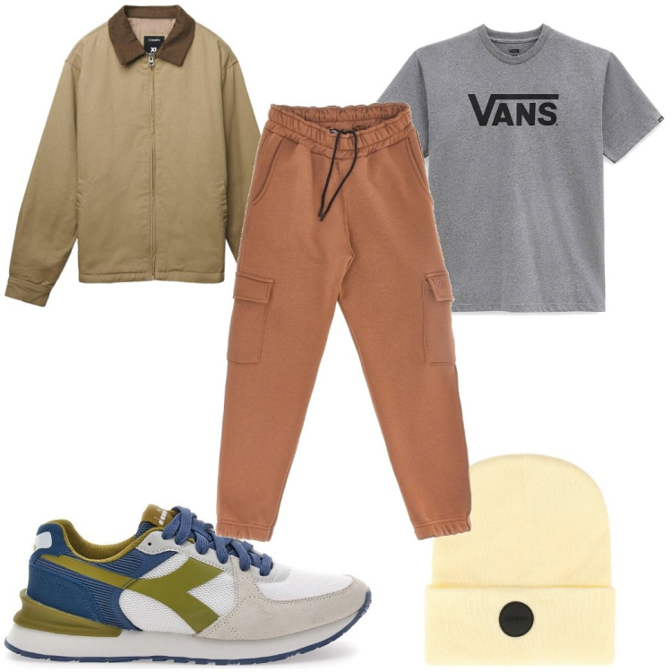 Outfit uomo - Total look #2284059. Stile Trendy per Tutti i giorni. Abbinamento con cappotti, cappelli, t-shirt, sneakers, pantaloni cargo.