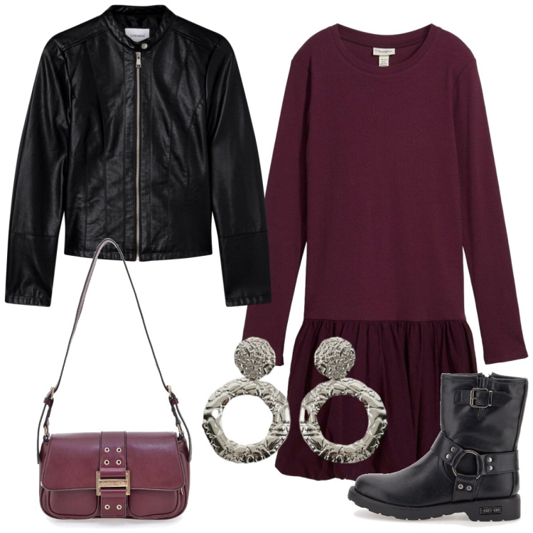 Outfit donna - Serata rock. Stile Rock per Serata fuori. Abbinamento con vestiti, giacche, orecchini, stivaletti, borse a tracolla.