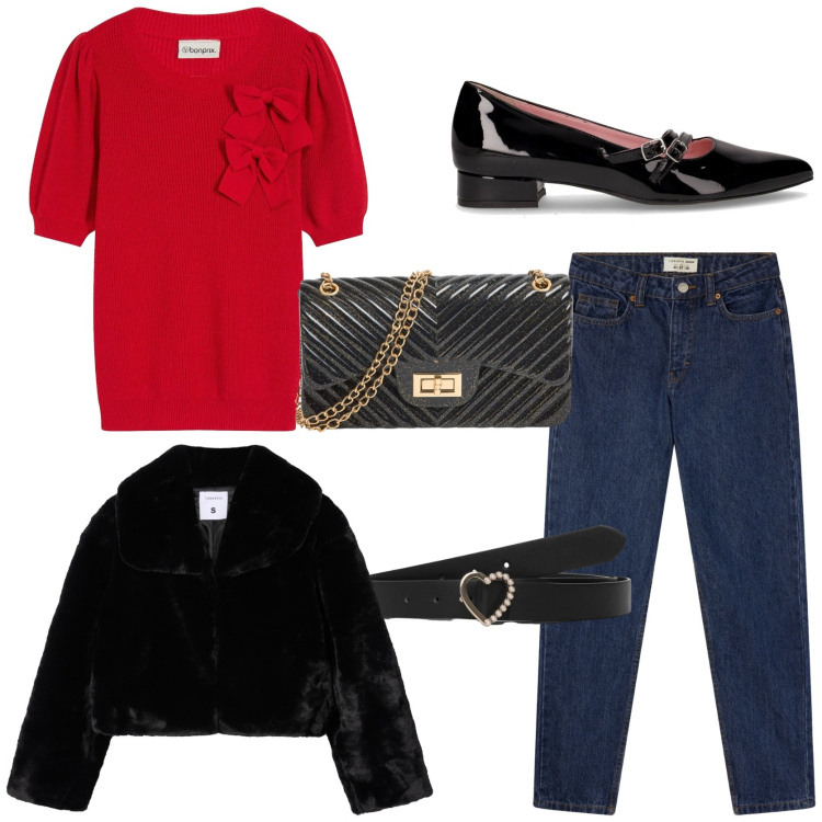 Outfit donna - Holiday. Stile Chic per Serata fuori. Abbinamento con maglieria, jeans mom, cinture, ecopellicce, borse a tracolla, ballerine.