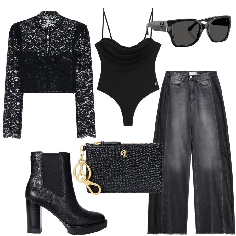 Outfit donna - Femme fatale contemporanea. Stile Sexy per Serata fuori. Abbinamento con jeans, body, bluse, stivaletti chelsea, occhiali da sole, portafogli.