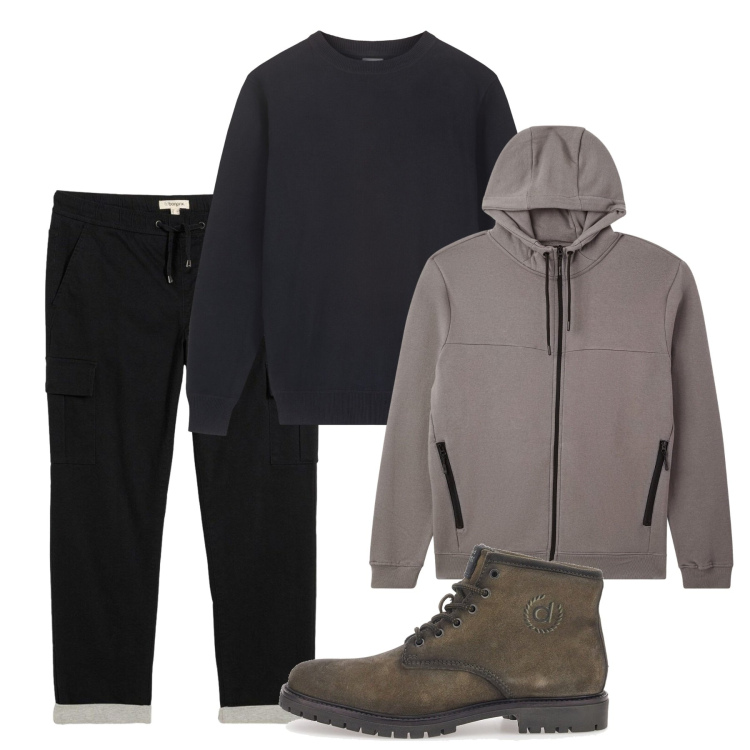 Outfit uomo - Novembre. Stile Casual per Tutti i giorni. Abbinamento con pantaloni, felpe con cappuccio, stivali e stivaletti, maglieria.