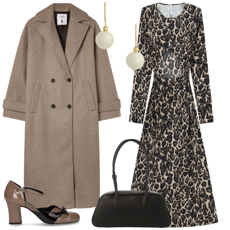 Outfit donna - In città. Stile Casual chic per Tutti i giorni. Abbinamento con cappotti, vestiti lunghi, borse a mano, orecchini, décolleté.