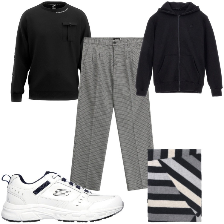 Outfit uomo - Total look #2284073. Stile Casual per Tutti i giorni. Abbinamento con pantaloni, sciarpe, felpe, felpe con cappuccio, sneakers.