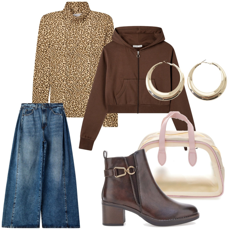 Outfit donna - Animalier. Stile Minimal per Scuola/Università. Abbinamento con t-shirt, felpe con cappuccio, jeans, orecchini, valigie, stivaletti.