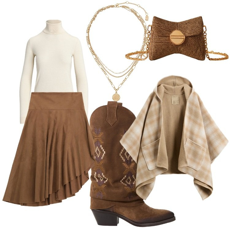 Outfit donna - Freddo non ti temo. Stile Urban per Tutti i giorni. Abbinamento con borse a tracolla, gonne longuette, stivali, maglieria, ciondoli, cappe.