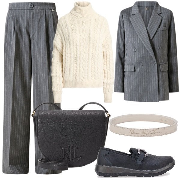 Outfit donna - I pantaloni gessati 2025. Stile Chic per Tutti i giorni. Abbinamento con pantaloni, blazer, braccialetti, maglieria, borse a tracolla, pantofole.