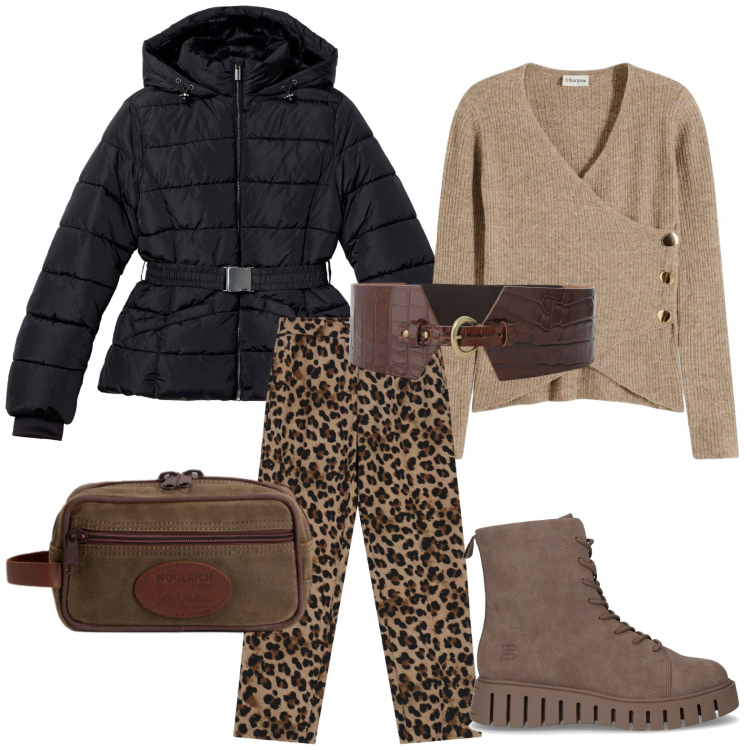 Outfit donna - Animalier. Stile Glamour per Tutti i giorni. Abbinamento con maglieria, pantaloni, piumini, cinture, valigie, anfibi.