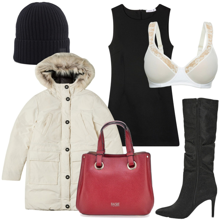 Outfit donna - Il tubino 4 stagioni. Stile Minimal per Ufficio. Abbinamento con reggiseni, vestiti corti, parka, stivali, borse a mano, berretti.
