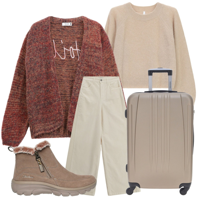 Outfit donna - Partenza con stile. Stile Casual per Tutti i giorni. Abbinamento con cardigans, maglieria, pantaloni a palazzo, stivaletti, valigie.