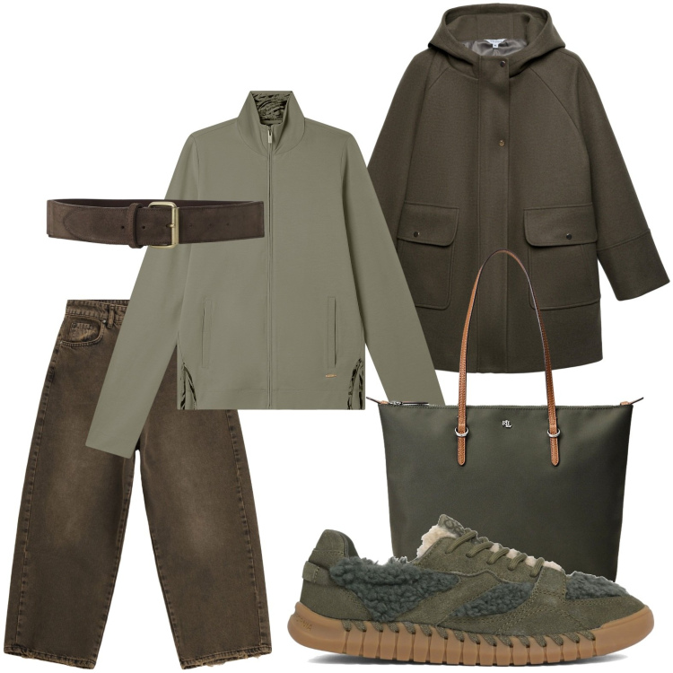 Outfit donna - Tonalità green. Stile Military per Tutti i giorni. Abbinamento con pantaloni a palazzo, blazer, felpe, cinture, borse tote, sneakers.