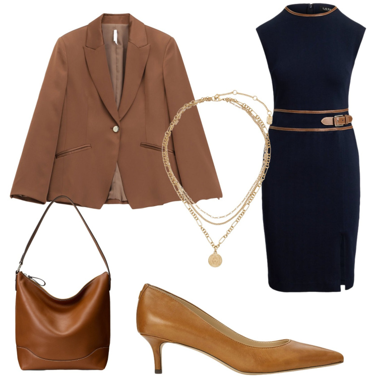 Outfit donna - Il tubino Ralph Lauren. Stile Bon Ton per Ufficio. Abbinamento con blazer, décolleté, vestiti, borse a secchiello, ciondoli.