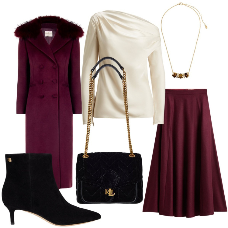 Outfit donna - A novembre con gli stivaletti. Stile Chic per Serata fuori. Abbinamento con cappotti, collane, bluse, borse a spalla, stivaletti, gonne lunghe.