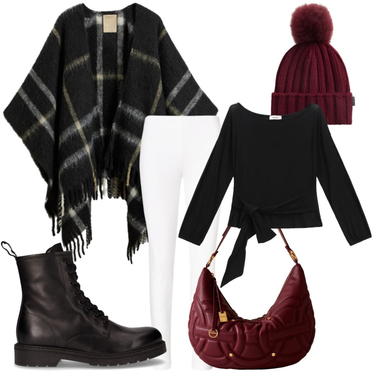 Outfit donna - La mantella versatile. Stile Basic per Ufficio. Abbinamento con top, borse a spalla, cappe, berretti, pantaloni skinny, anfibi.