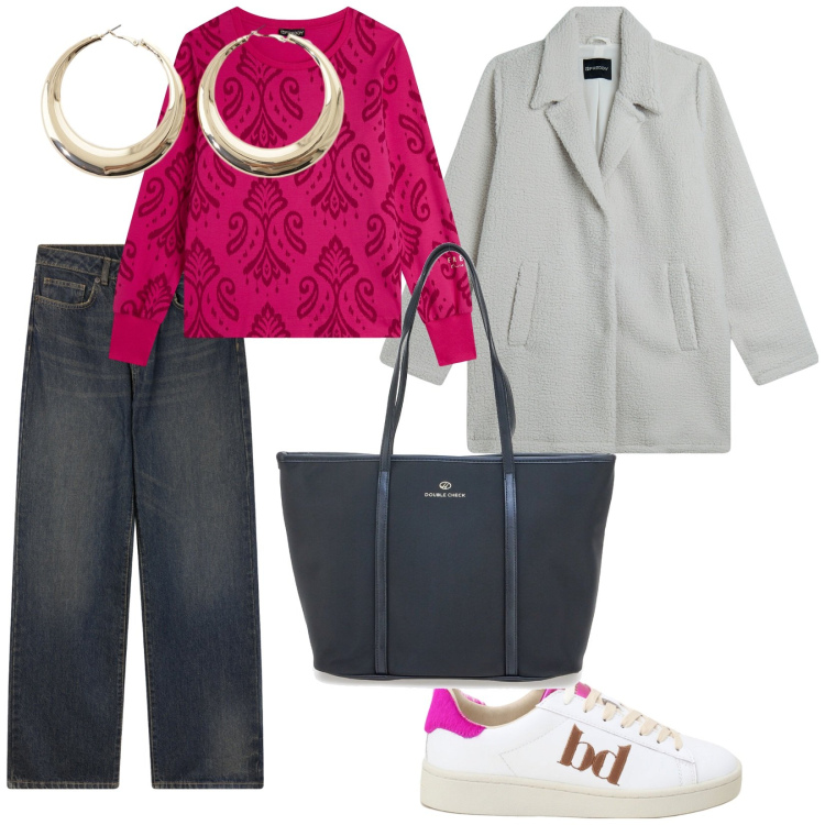 Outfit donna - Di giorno. per Tutti i giorni. Abbinamento con jeans dritti, felpe, cappotti, sneakers, orecchini, borse a spalla.