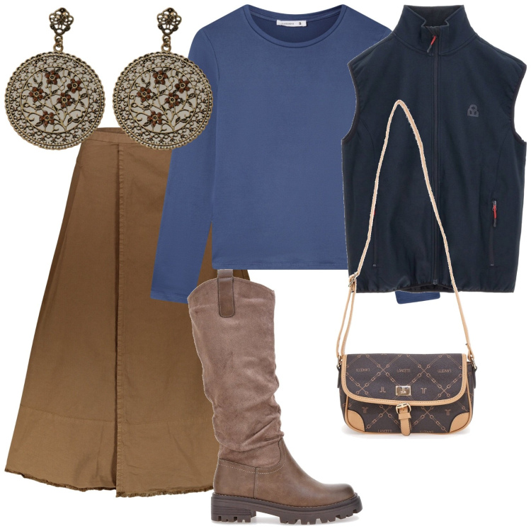 Outfit donna - In compagnia. per Tutti i giorni. Abbinamento con t-shirt, orecchini, gonne lunghe, gilet, borse a tracolla, stivali.